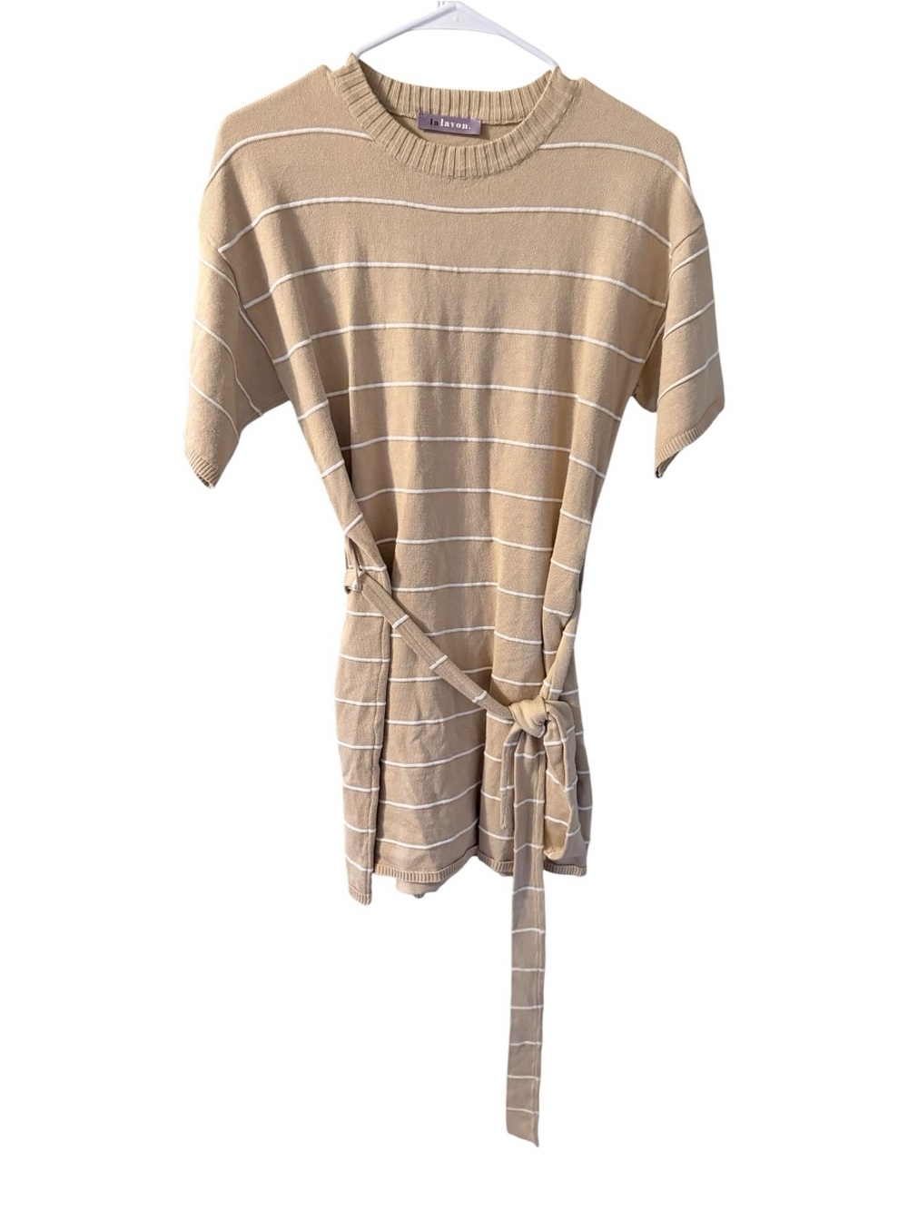 🙋🏻♀️LALAVON Tie-Waist Striped Short-Sleeve Tunic Dress in Beige